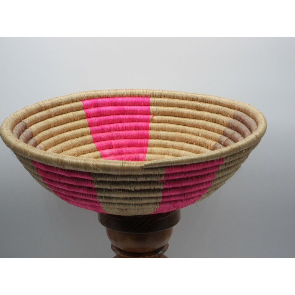 Handwoven Wicker Basket With Pink & Natural Stripes - 12" Diameter Decorative Bo